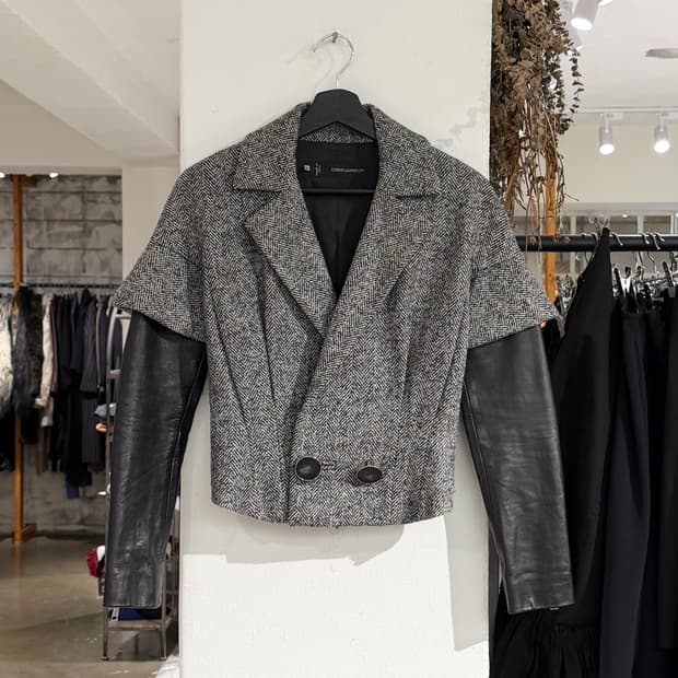 디스퀘어드2 블랙 화이트 헤링본 레더 슬리브 크롭 자켓