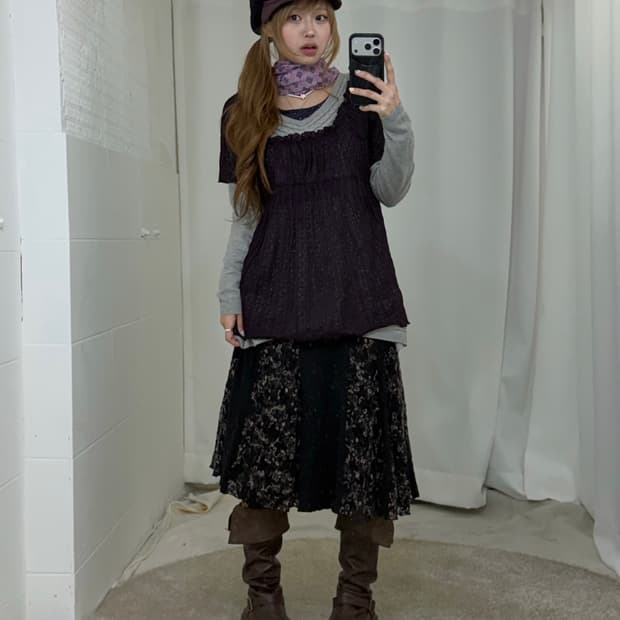 컬러 블라우스 잔꽃 포도 하구미 모리걸 코디세트