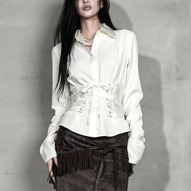SATIN MIX CORSET SHIRT #IVORY JACQUARD