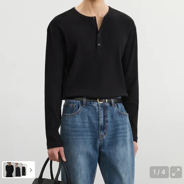 티엔지티/Ribbed Henley Neck T-Shirt 블랙/100