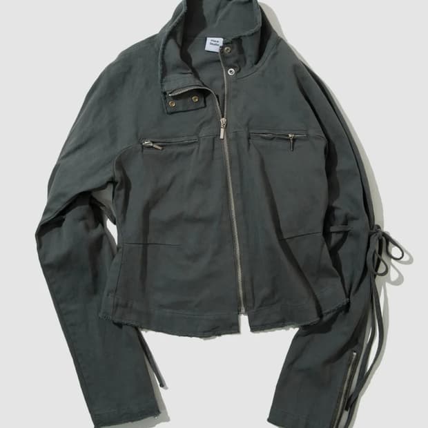 데미지 빈티지 워싱 스트링 라인 코튼 집업 자켓 [차콜]