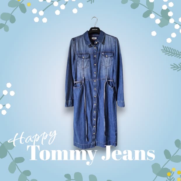 Tommy Jeans 블루 버튼 장식 벨티드 데님 미디원피스 S