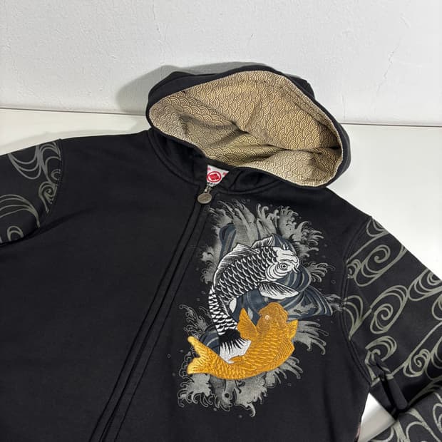 M 재팬빈티지 블랙 이레즈미 잉어자수 스웻코튼 후드집업