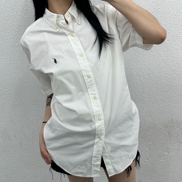 폴로 랄프로렌 네이비포니 화이트 반팔 셔츠 S