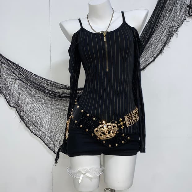 ꒰ঌ LA*BUS 오네갸루 골드 스트라이프 오프숄더 롱슬리브 ໒꒱