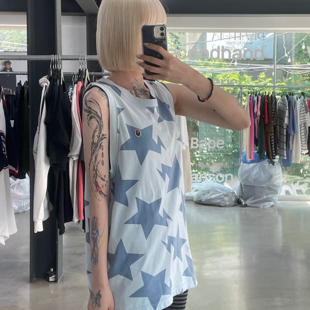 베이프 스타 패턴 블루 나시