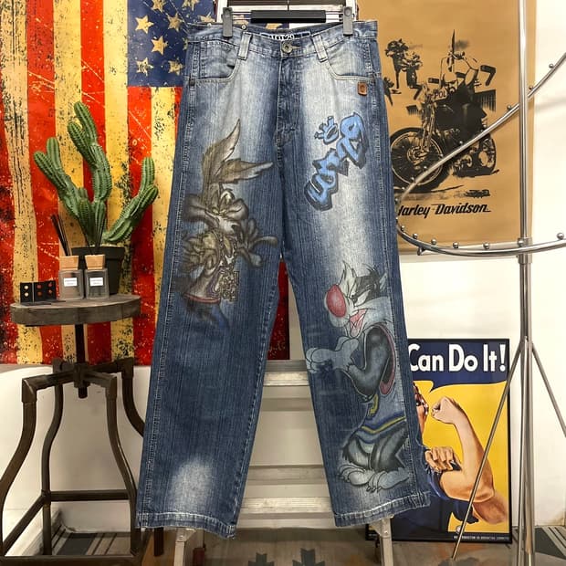 90s Lot29 루니툰즈 벅스 버니 올드스쿨 그래픽 와이드 데님 팬츠