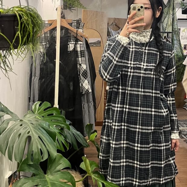 그린 체크 원피스 모리 코디세트