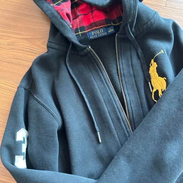 폴로 빅포니 체크 후드집업 s