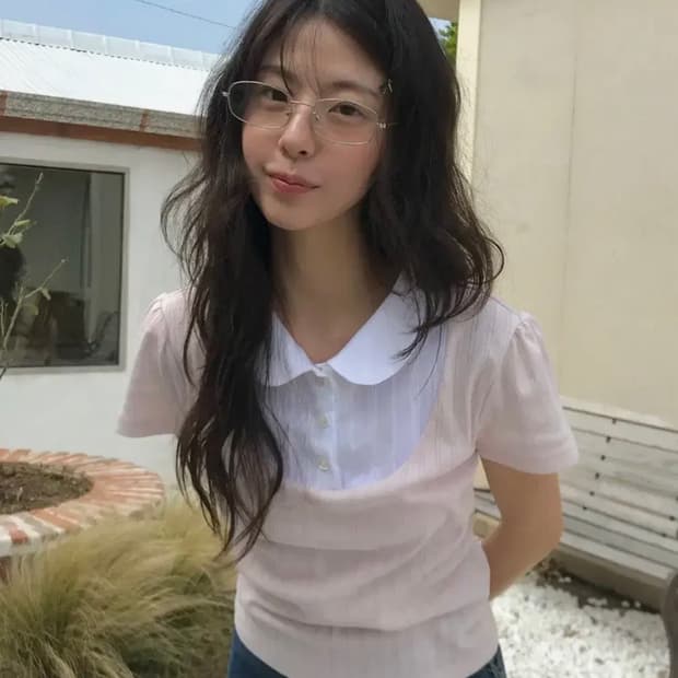 레터프롬문 베슈아 레이어드 카라 탑 핑크 크롭 반팔 티셔츠