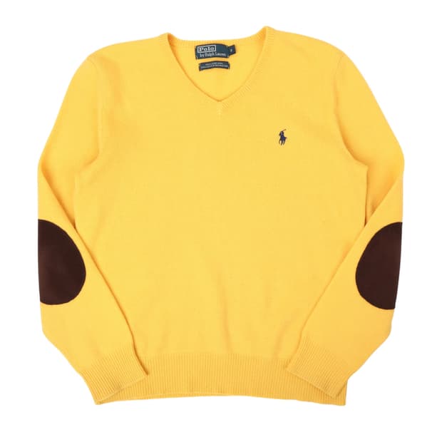 폴로 랄프로렌 옐로우 엘보우패치 브이넥 램스울 니트