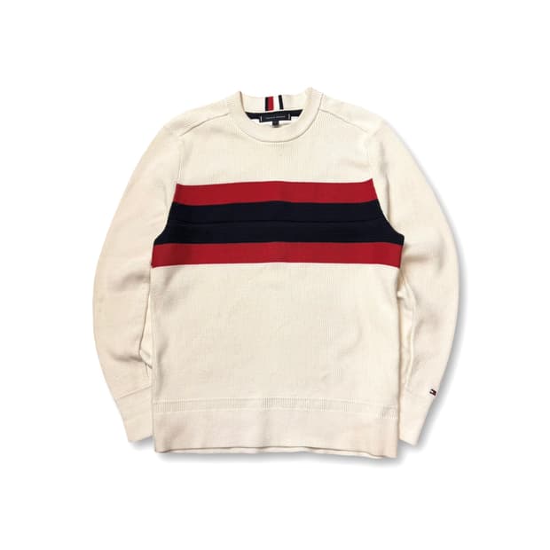 타미 힐 피거 스트라이프 로고 니트