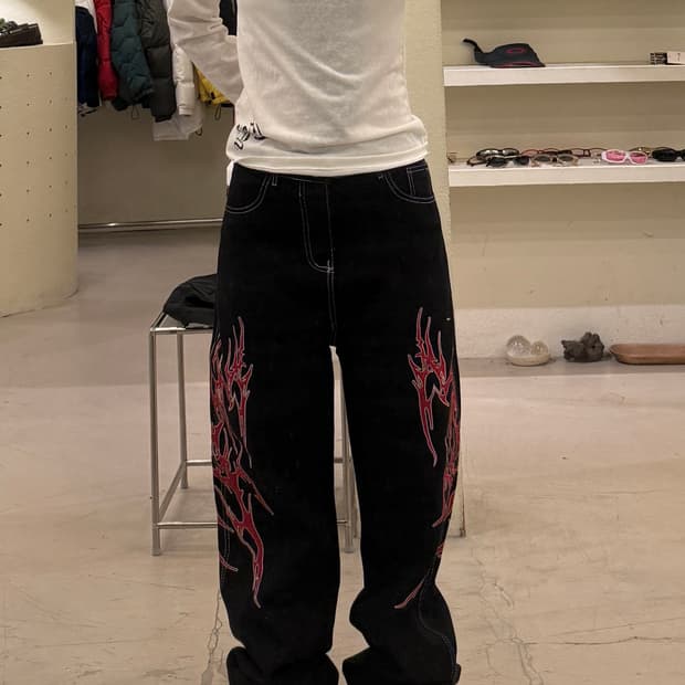 빈티지 생지 자수 와이드 데님 팬츠 U868