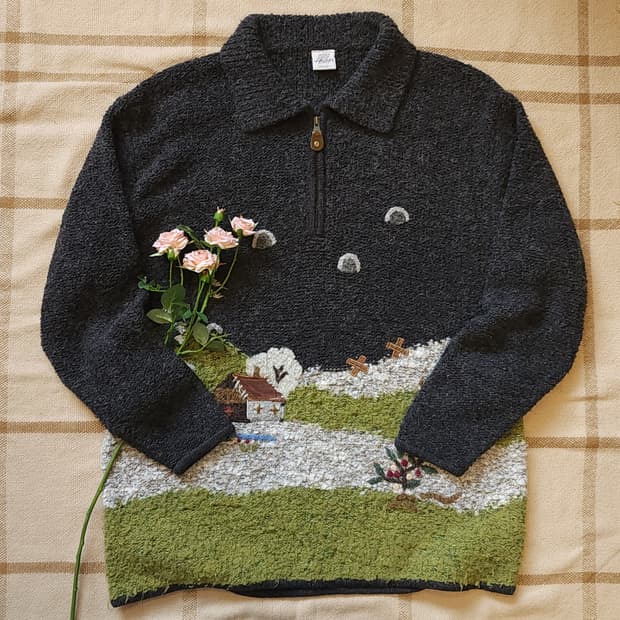 90s 프렌치 핸드메이드 울 니트 컨트리 자수 반집업 니트 L