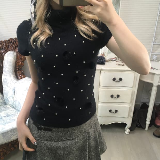 jpn vintage black wool pearl half knit