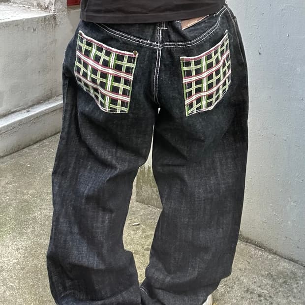 2000s JPN 와이드 프린팅 데님 힙합팬츠