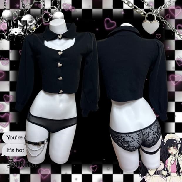 Heart button choker neck knit top