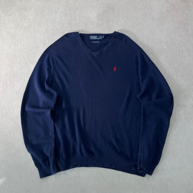 100 폴로랄프로렌 피마코튼 브이넥 네이비 니트
