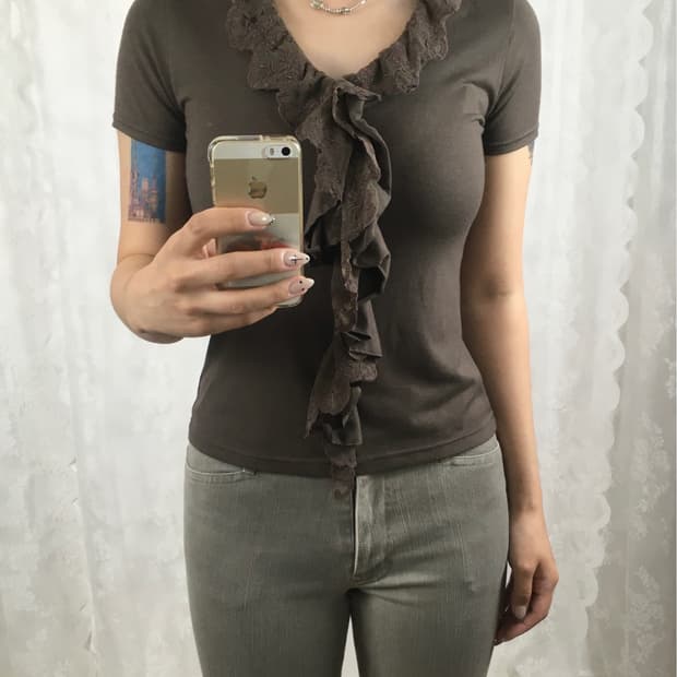 JPN khaki brown lace frill top