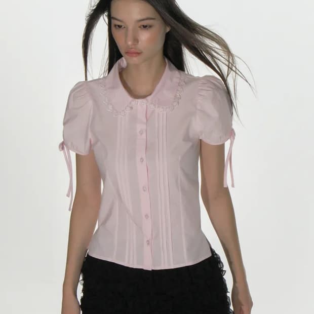 새상품)) 크랭크 핀턱 레이스 카라 블라우스 핑크