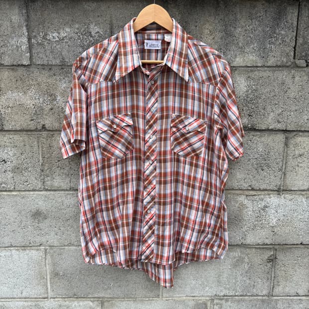 80~90s attache 빈티지 브라운 체크 웨스턴 반팔 셔츠 xl