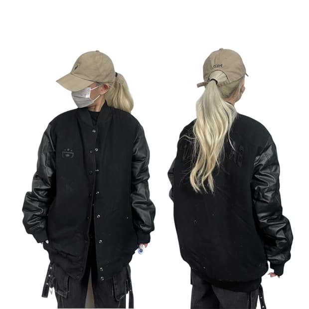 빈티지 블랙 빅 사이즈 비건레더 바시티 자켓 115