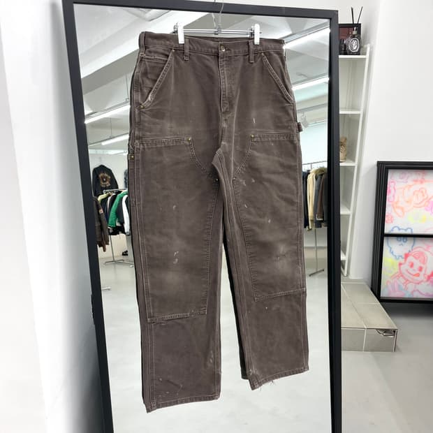 칼하트 OG 더블니 다크브라운 덕캔버스 카펜터 페이딩 와이드 워크팬츠 