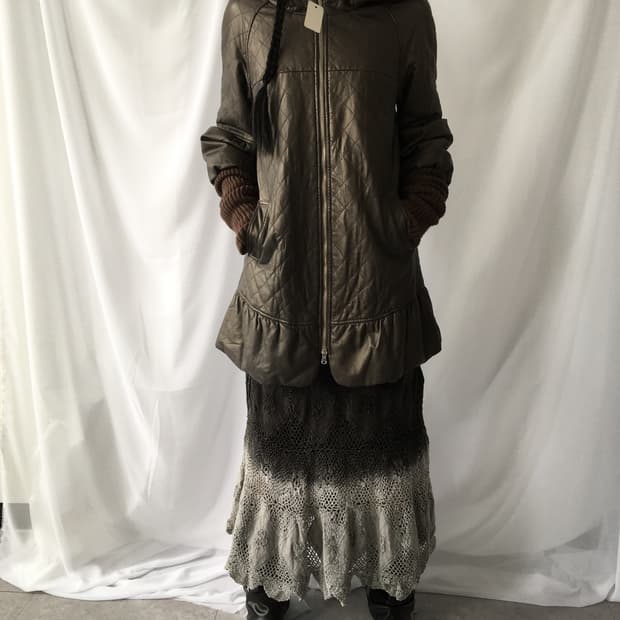 Knit layered leather hood coat