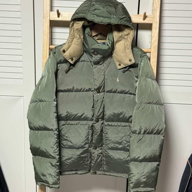 폴로 랄프로렌 카키 유광 패딩 자켓 모자 탈부착