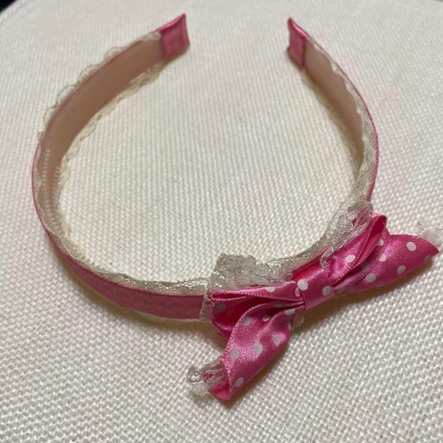 핑크 도트 리본 머리띠 빈티지 