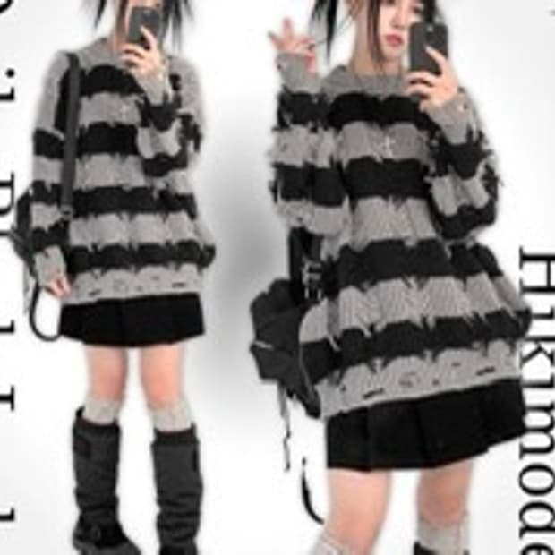 그런지 빈티지 데미지 프린지 스트라이프 배색 니트 지뢰계 펑크 고딕