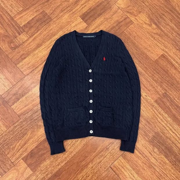 여성용 L 폴로 랄프로렌 네이비 케이블 니트 가디건 