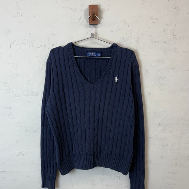 폴로랄프로렌 브이넥 케이블 니트 네이비