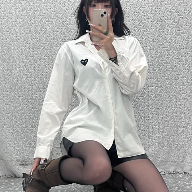 꼼데가르송 빈티지 키치 하트와펜 화이트 크림 셔츠 M C11412