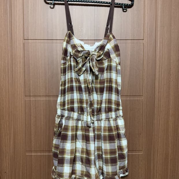 빈티지 모리걸 라떼갸루 체크 브라운 멜빵 원피스