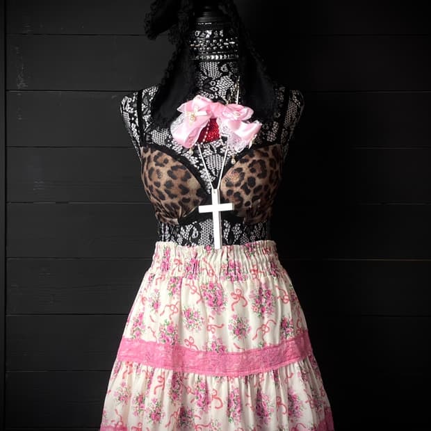 JPN 핑크 히메갸루 꽃무늬 플라워 패턴 핑크 레이스 스커트 치마