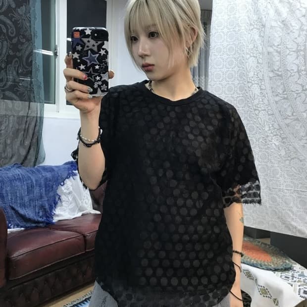 빈티지 여성 도트 시스루 반팔티