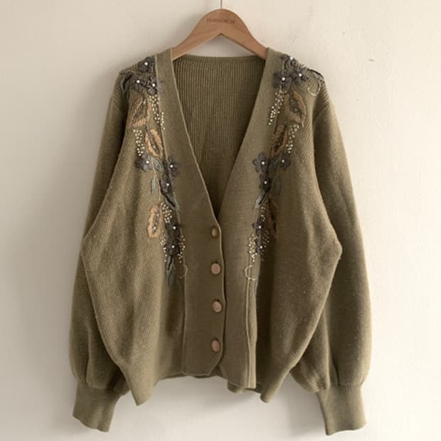 Flower Emboridery Khaki Cardigan