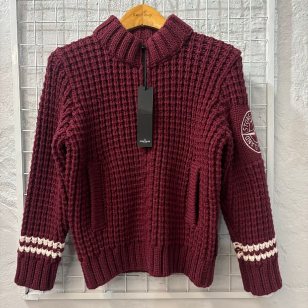 스톤아일랜드 주니어 버건디 와플 니트 하프 집업 새상품