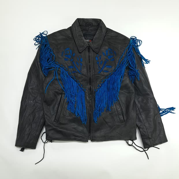 CN388 XL Leather King 빈티지 블루프린지 웨스턴 가죽자켓