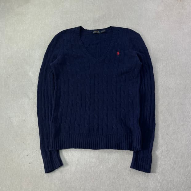 W 95 폴로랄프로렌 캐시미어 꽈배기 브이넥 네이비 니트