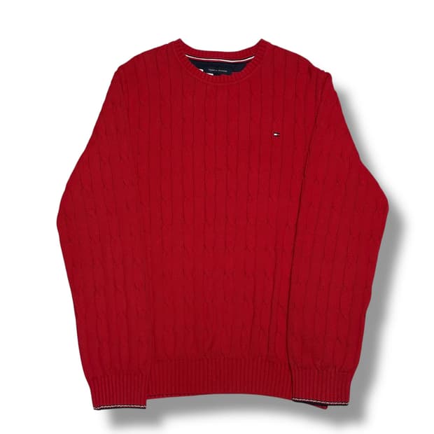 Tommy Hilfiger 코튼 케이블 라운드넥 레드 니트