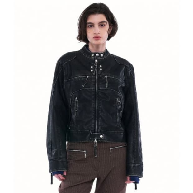 파르티멘토우먼 워시드 바이커 레더 자켓 블랙 M