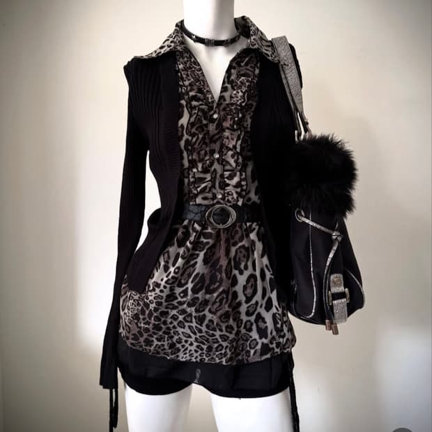 y2k 갸루 레오파드 블라우스 + 가디건 세트
