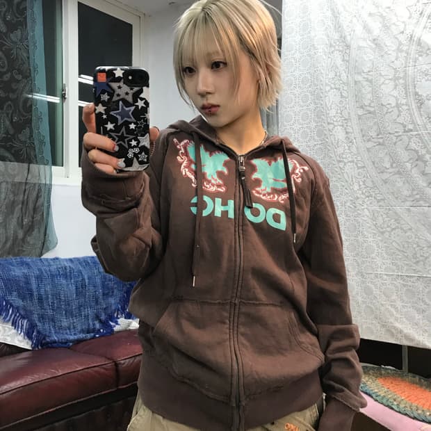 Doch 빈티지 프린팅 브라운 후드집업 