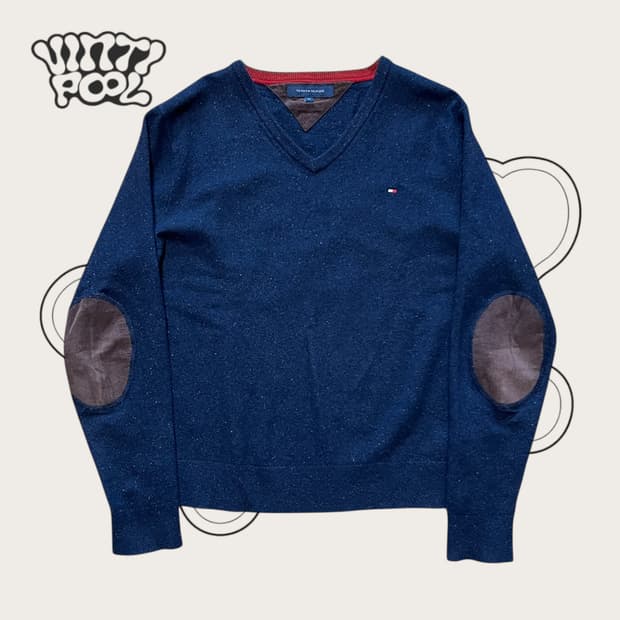 타미힐피거 램스울 엘보우패치 브이넥 니트 XL 네이비