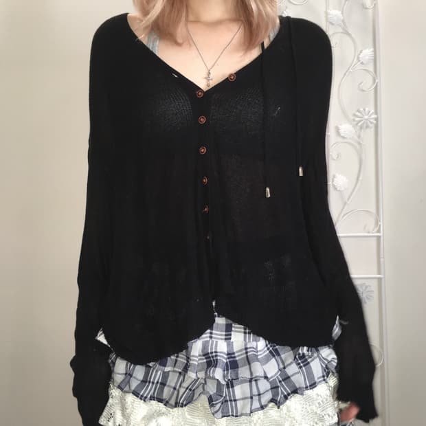 일본빈티지 블랙 시스루 후드 가디건