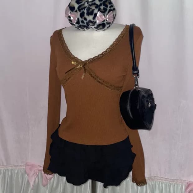 페일솝) 빈티지st 레이스 리본 포인트 긴팔 롱슬리브 티셔츠 (브라운)