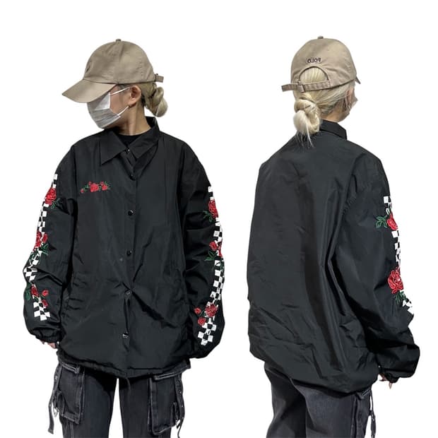 일본 빈티지 블랙 꽃 자수 오버핏 코치 오리엔탈 스카잔 자켓 L
