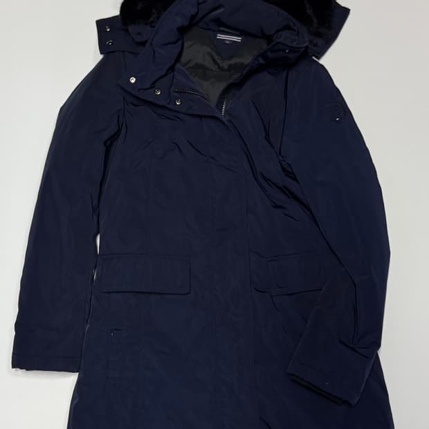 여성 타미힐피거 페이크 퍼 후드 롱 점퍼